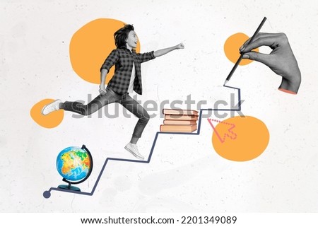 Creative 3d photo artwork graphics painting of smiling funny little child running upstairs isolated drawing background