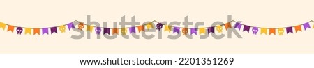 Halloween color retro buntings garlands isolated on white background. Vector illustration. Seamless spooky banner, orange fiesta border, violet carnival holiday header with paper skulls