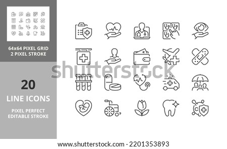 Health insurance coverage thin line icon set. Outline symbol collection. Editable vector stroke. 64 and 256 Pixel Perfect scalable to 128px