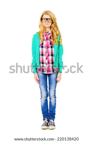 Portrait of a smart ten years girl in big glasses. Education. Isolated over white.