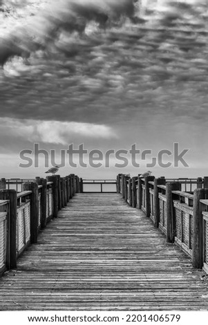 Pier with seagulls and clouds