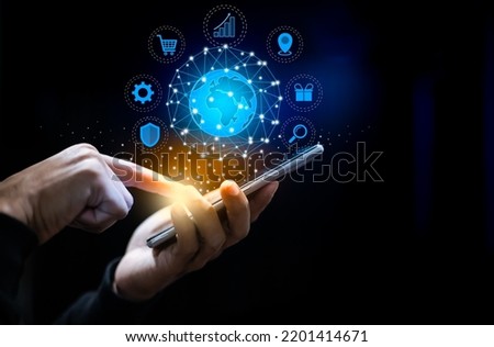 Digital transformation technology concept. change management, internet of things. data download, enhancing global business capabilities. Ai, automate operation  by pressing the screen button.