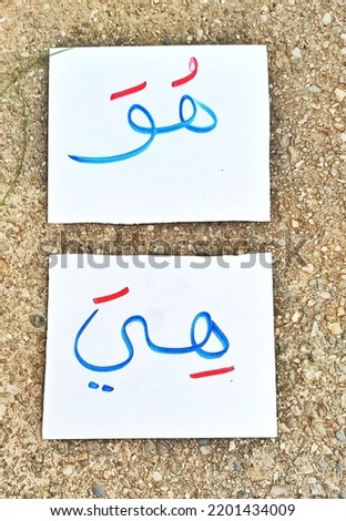 Two white cards written on each of them in Arabic “He” and “Heya” to indicate the absent masculine and feminine. Writing is blue and composed in red.