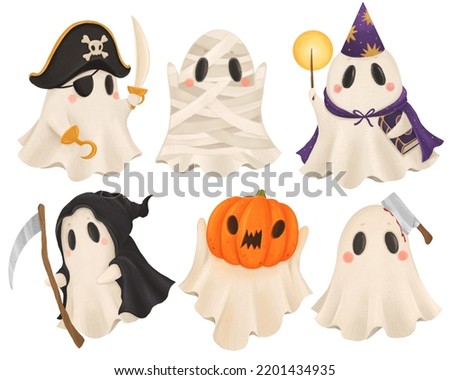 Funny ghost in halloween costume set, halloween party clip art, isolated on white background, suitable for prints, postcards, stickers, patterns, website elements