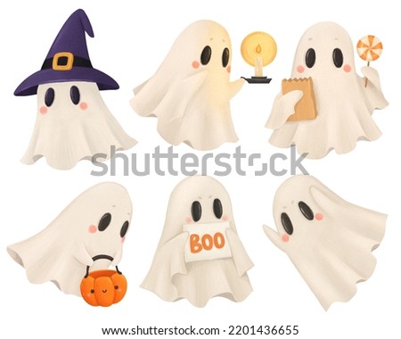 Funny ghost in halloween costume set, halloween party clip art, isolated on white background, suitable for prints, postcards, stickers, patterns, website elements