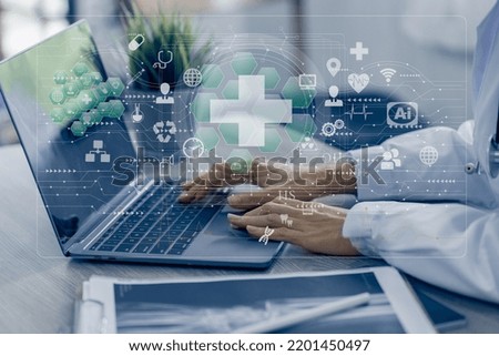 Medicine doctor with digital medical interface icons, Medical technology and network concept.