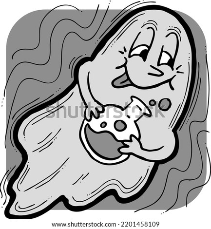 Scary cute Halloween ghost vector with funny face hand drawn illustration. Night spirit. Comic cartoon personage character for decorative design, poster print. decoration celebration, party invitation