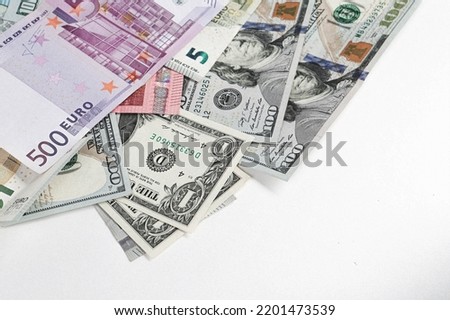 Multi Euro Dolar cash and coin, Different type of new generation banknotes, bitcoin, turkish lira Royalty-Free Stock Photo #2201473539