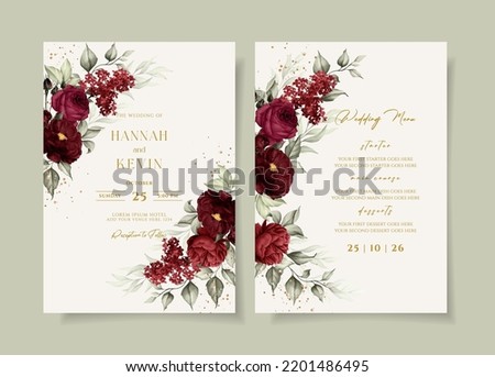 Beautiful floral wedding invitation and menu template set with red roses and leaves decoration Royalty-Free Stock Photo #2201486495