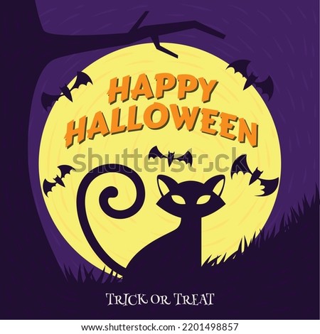Halloween cat and bat hand drawn flat cartoon background illustration