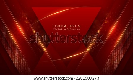 Red triangle with golden line, sparkle glowing effect, shine dots, and bokeh elements on red background. Luxury style design template concept. Vector illustration