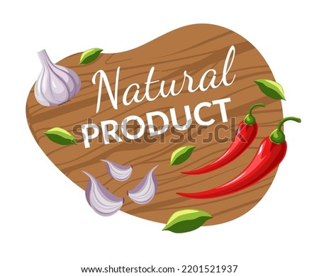 Organic and natural products, isolated vegetables and herbs. Garlic and pepper, basil leaves complement and seasoning to food. Dishes and meal preparing, farm ingredients. Vector in flat style