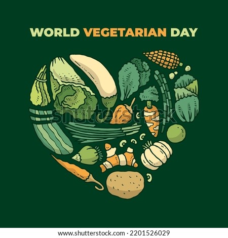 World vegetarian day hand drawn with vegetables in the shape of love