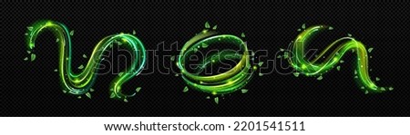Abstract swirls decorated with green plant leaves png set isolated on transparent background. Wavy wind trails shining with sparkles 3D vector illustration. Symbol of natural purity. Organic concept