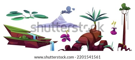 Prehistoric planet landscape set with volcano, green plants, flowers and waterfall isolated on white background. Mountain with crater and smoke, tropical tree and river, vector cartoon illustration Royalty-Free Stock Photo #2201541561