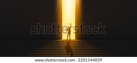 Silhouette of businessman celebrating raising arms on the top stairs with over sunlight.concept of leadership successful achievement with goal,winner,success,growth,achieve,up,win and objective target Royalty-Free Stock Photo #2201544839
