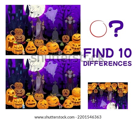 Find ten differences. Cartoon Halloween pumpkin lanterns on night cemetery. Halloween objects comparing or spotting puzzle game vector worksheet with Jack o lantern, mage, vampire and cemetery ghost Royalty-Free Stock Photo #2201546363