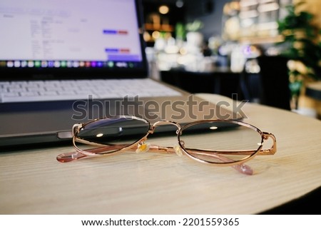 Office desk table with laptop computer, stock photo