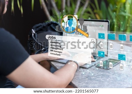 Magnifying glass to recruit people 3d rendering. Remote job. freelance technical content writer. woman working from home. closeup of female hands typing on laptop.