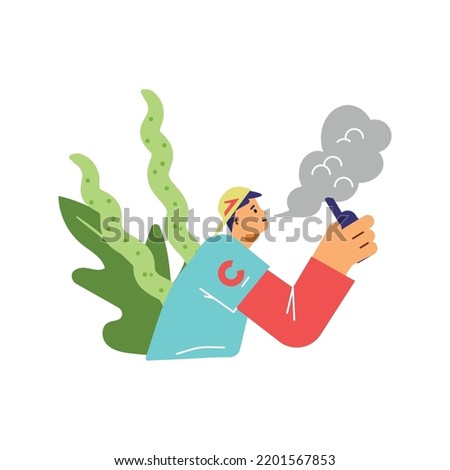 Man inhaling through vapor smoking device, flat vector illustration isolated on white background. Vape shop promo poster or banner template for web and social network.