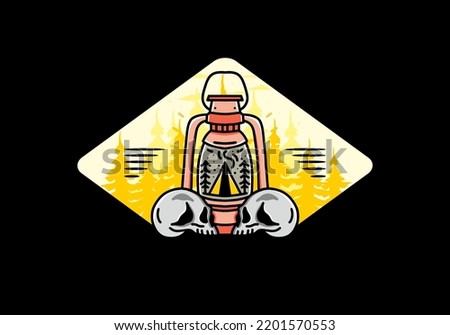 Illustration design of a outdoor lantern with triangle camping tent and two skull