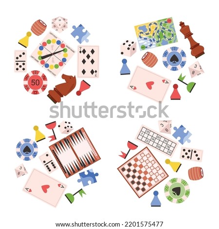 Set of board games elements, flat vector illustration isolated on white background. Chess pieces, cards, checkers, dominoes, lotto and backgammon. Table games for kids and adults. Family game party. Royalty-Free Stock Photo #2201575477
