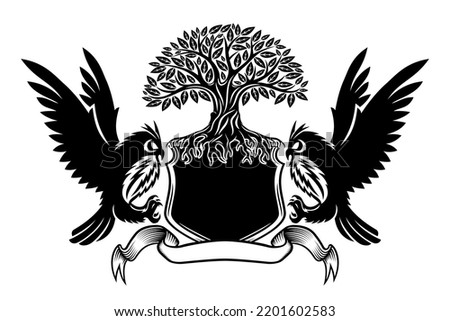 Owls and shield with tree icon on white background.