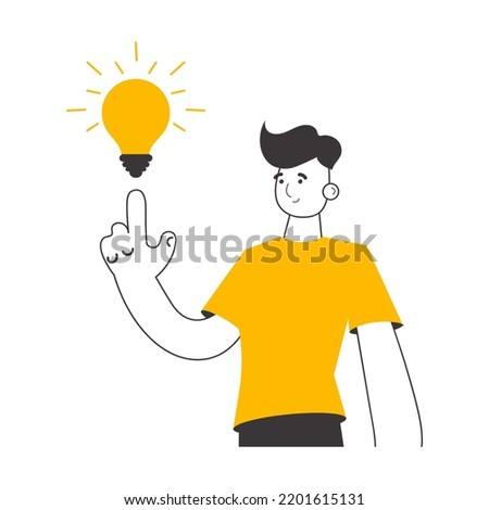 Man and light bulb. Idea concept. Vector. Isolated on white background. Line art style.