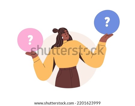 Make choice, decision concept. Puzzled business woman doubting, deciding, setting priorities. Questioned employee thinking, analyzing two options. Flat vector illustration isolated on white background Royalty-Free Stock Photo #2201623999