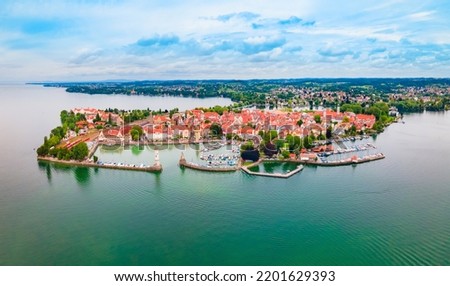 Lindau aerial panoramic view. Lindau is a major town and island on the Lake Constance or Bodensee in Bavaria, Germany. Royalty-Free Stock Photo #2201629393