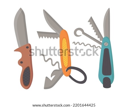 Doodle flat clipart. Folding knife for the traveler. All objects are repainted. Royalty-Free Stock Photo #2201644425