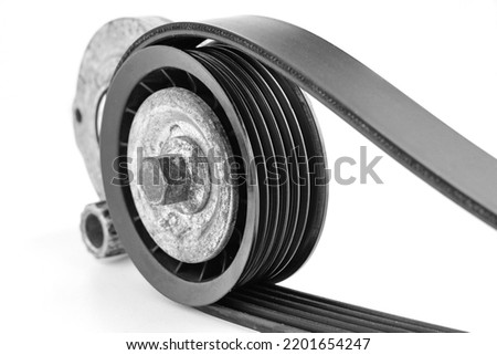 Multirib Belt with Pulley on white background close-up view