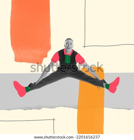 Contemporary artwork. Cheerful, stylish young man dancing, jumpin in twine, having fun. Concept of creativity, youth lifestyle, party, retro, vintage, fashion. Bright design. Copy space for ad
