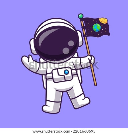 Cute Astronaut Holding Flag In Space Cartoon Vector Icon Illustration. Science Technology Icon Concept Isolated Premium Vector. Flat Cartoon Style