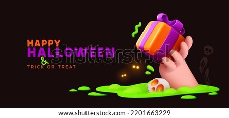 Happy Halloween background from magic green potion sticking hand and giving gift box. Realistic 3d design in cartoon style. Holiday banner, web poster, stylish flyer greeting card. vector illustration