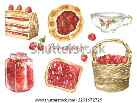 Watercolor piece of raspberry cake, tart, vintage porcelain cup, jar of jam, toast with marmalade, basket with berries set of objects. Hand drawn homemade food for breakfast collection of elements.