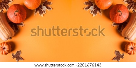Autumn background with pumpkins and maple leaves, copy space. Pumpkins on orange background, Halloween or Thanksgiving fall holidays concept.
