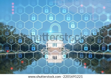 Iconic Lincoln Memorial, Washington DC, USA. Seen from reflecting pool. American politics and governmental bodies. The concept of cyber security to protect confidential information, padlock hologram