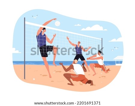 Men teams play beach volleyball with net on sand, sea shore on summer vacation. Friends during volley ball, sport game, holiday leisure activity. Flat vector illustration isolated on white background