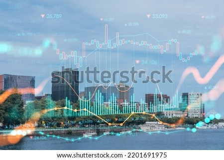 Panorama Boston city view skyline and Massachusetts Institute of Technology campus at day time. Glowing FOREX graph hologram. The concept of international trading and fundamental analysis