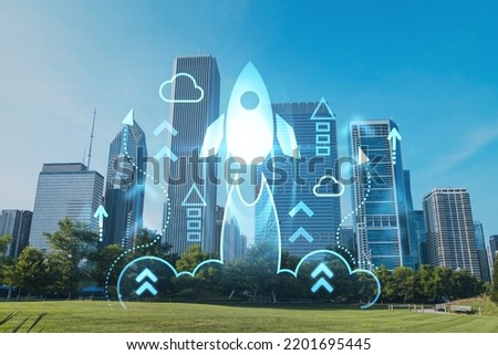 Chicago skyline, Butler Field towards financial district skyscrapers, day time, Illinois, USA. Parks and gardens. Startup company, launch project to seek and develop scalable business model, hologram