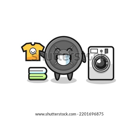 Mascot cartoon of barbell plate with washing machine , cute design
