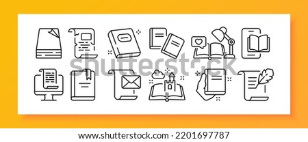 Fiction set icon. Book, writer, scroll, letter, e book, education, learning, computer, story, fairy tale, literature, inspiration, lamp, occupation. Reading concept. Vector line icon for Business Royalty-Free Stock Photo #2201697787