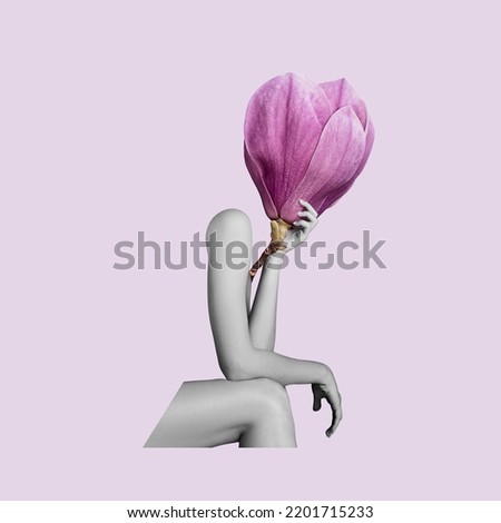 Tenderness and ease of movement. Female body with pink flower instead head over light background. Contemporary art collage. Woman's health, care, love. Surrealism, minimalism. Copy space for ad Royalty-Free Stock Photo #2201715233
