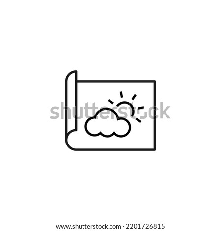 Art, picture, image concept. Simple monochrome isolated sign. Editable stroke. Vector line icon of sun over cloud on paper sheet