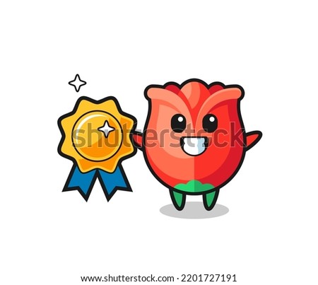 rose mascot illustration holding a golden badge , cute design