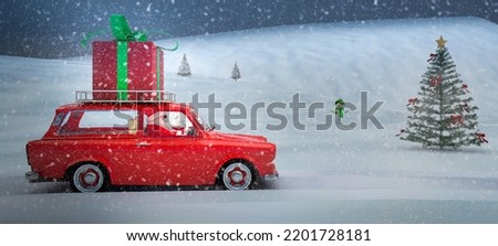 Santa claus in Cute little retro car with gift box on top.on Christmas day