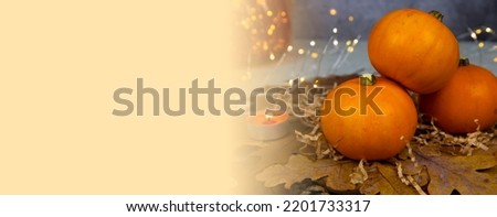 The concept of a festive banner, three bright orange small pumpkins on a background of dry autumn leaves, garlands and a lit candle. Decoration for the Halloween holiday