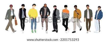Street fashion men vector illustration. Young men wearing trendy modern street style outfit standing and walking. Cartoon style vector realistic illustration isolated on white background. Royalty-Free Stock Photo #2201753293
