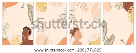 Social media template set with hairdresser tools. Minimal cover design background for beauty hair salon with abstract portrait woman floral leaf vector. Royalty-Free Stock Photo #2201771825